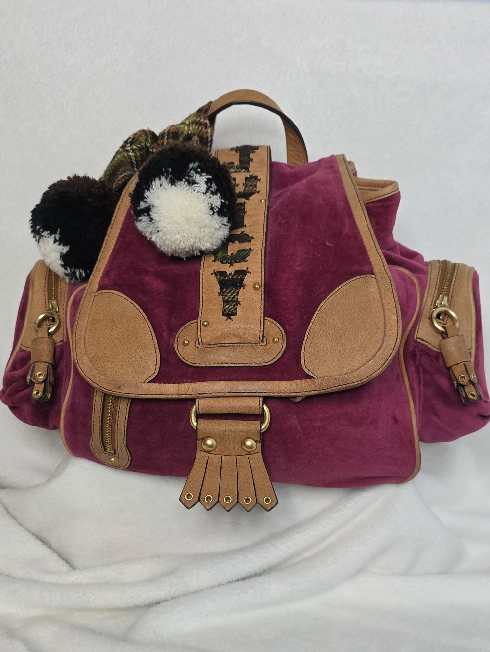 Juicy Couture Plum Suede Backpack with Tan Trim and Pom-Pom Charms